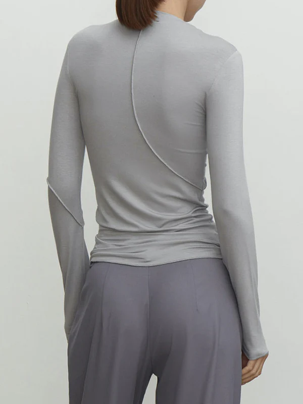 Long Sleeves Skinny Asymmetric Solid Color Mock Neck T-Shirts Tops - Image 7