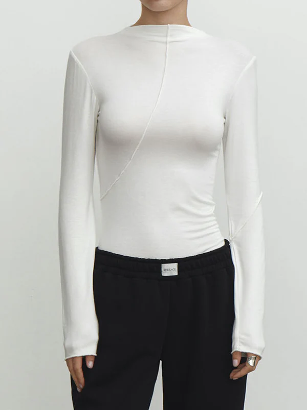 Long Sleeves Skinny Asymmetric Solid Color Mock Neck T-Shirts Tops - Image 8