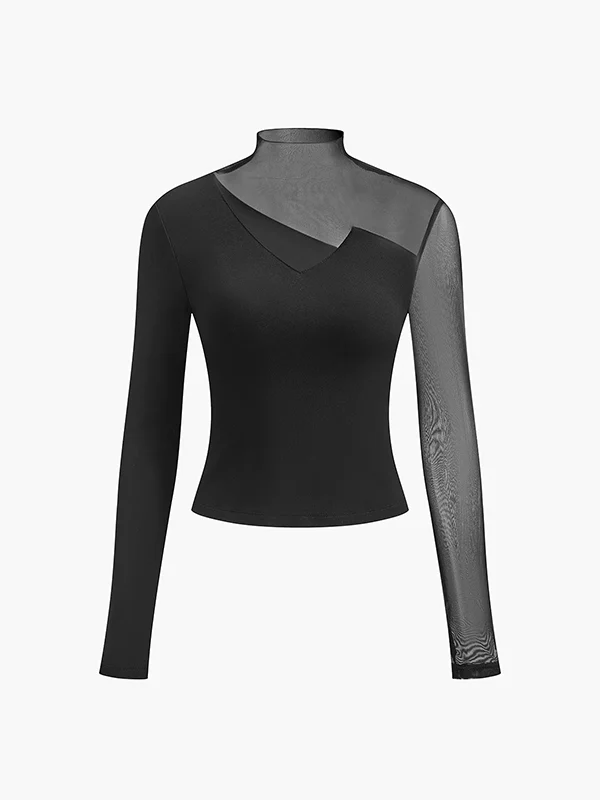 Long Sleeves Skinny Asymmetric Solid Color Split-Joint High Neck T-Shirts Tops - Image 15