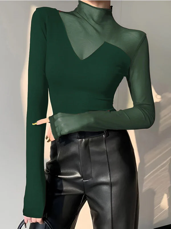 Long Sleeves Skinny Asymmetric Solid Color Split-Joint High Neck T-Shirts Tops - Image 2