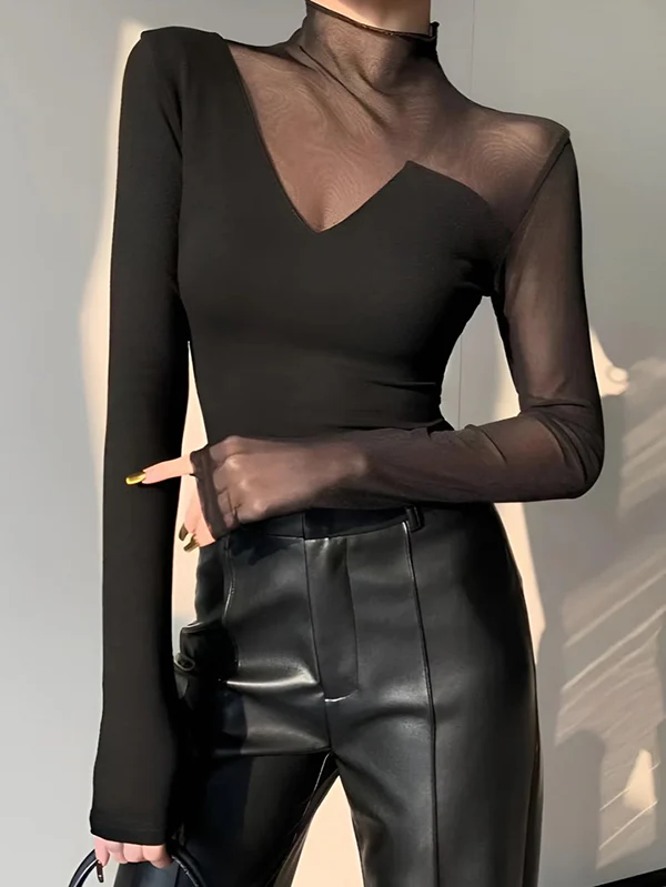 Long Sleeves Skinny Asymmetric Solid Color Split-Joint High Neck T-Shirts Tops - Image 3