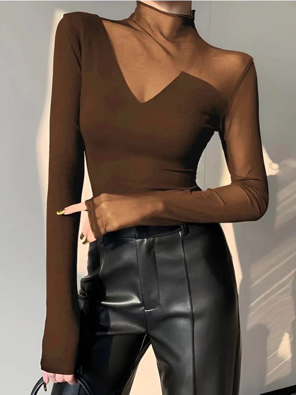 Long Sleeves Skinny Asymmetric Solid Color Split-Joint High Neck T-Shirts Tops - Image 4
