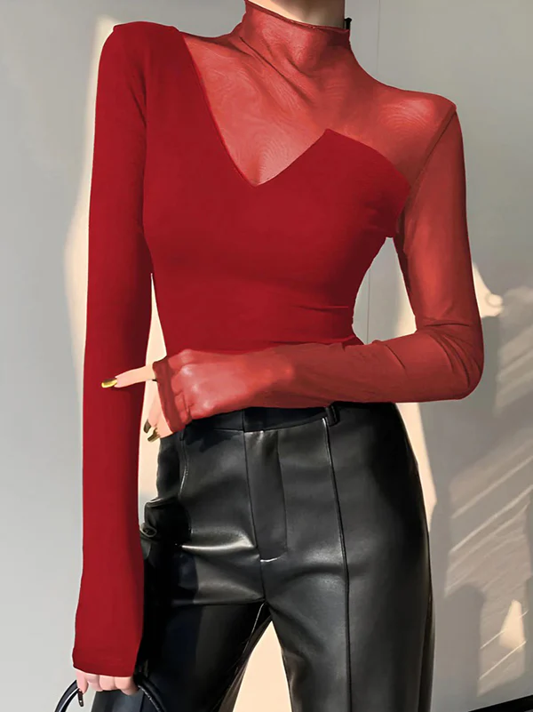 Long Sleeves Skinny Asymmetric Solid Color Split-Joint High Neck T-Shirts Tops - Image 5