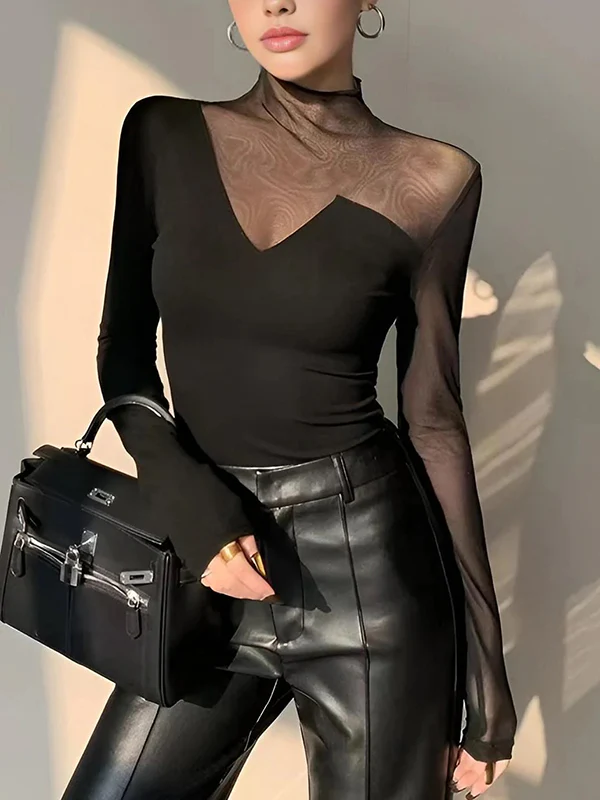 Long Sleeves Skinny Asymmetric Solid Color Split-Joint High Neck T-Shirts Tops - Image 7