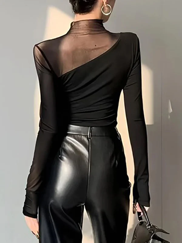 Long Sleeves Skinny Asymmetric Solid Color Split-Joint High Neck T-Shirts Tops - Image 8