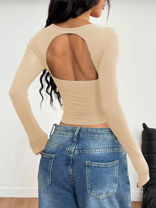 Long Sleeves Skinny Backless Pleated Solid Color Square-Neck T-Shirts Tops - Image 10