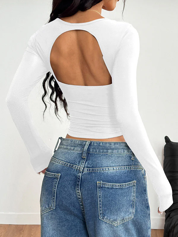 Long Sleeves Skinny Backless Pleated Solid Color Square-Neck T-Shirts Tops - Image 5