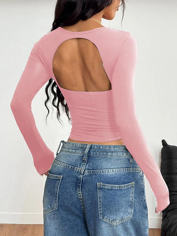 Long Sleeves Skinny Backless Pleated Solid Color Square-Neck T-Shirts Tops - Image 8