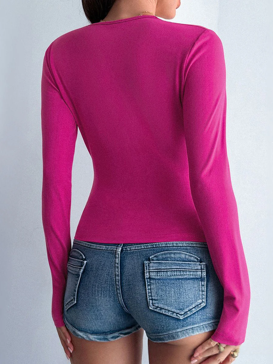 Long Sleeves Skinny Beads Contrast Color Pleated Split-Joint Deep V-Neck Blouses&Shirts Tops - Image 5