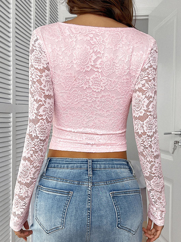 Long Sleeves Skinny Bow-Embellished Flower Print Hollow See-Through Split-Joint Deep V-Neck Blouses&Shirts Tops - Image 13