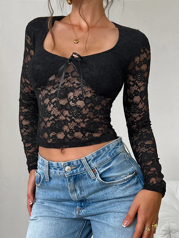 Long Sleeves Skinny Bow-Embellished Flower Print Hollow See-Through Split-Joint Tied Square-Neck Blouses&Shirts Tops - Image 27