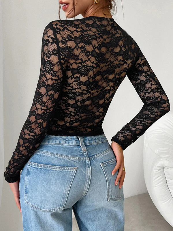 Long Sleeves Skinny Bow-Embellished Flower Print Hollow See-Through Split-Joint Tied Square-Neck Blouses&Shirts Tops - Image 30