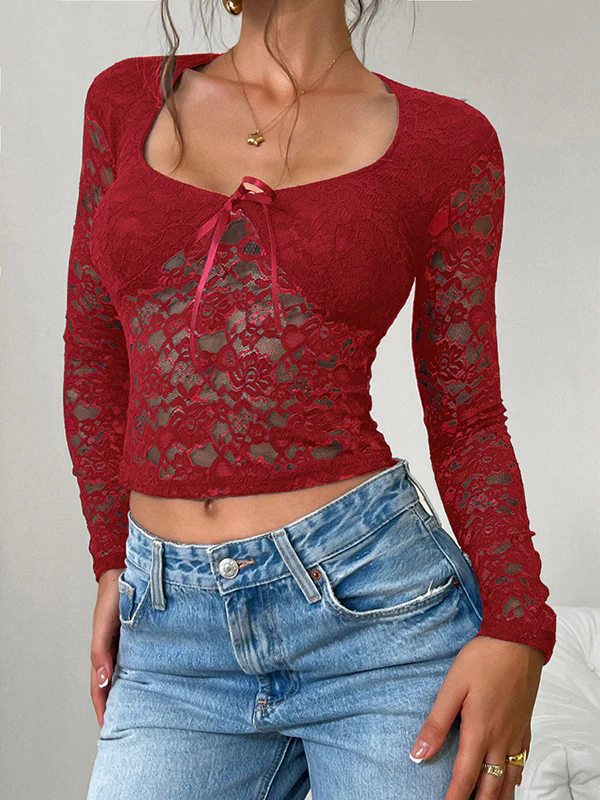 Long Sleeves Skinny Bow-Embellished Flower Print Hollow See-Through Split-Joint Tied Square-Neck Blouses&Shirts Tops - Image 32