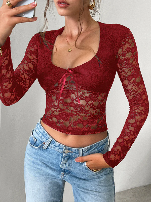 Long Sleeves Skinny Bow-Embellished Flower Print Hollow See-Through Split-Joint Tied Square-Neck Blouses&Shirts Tops - Image 33