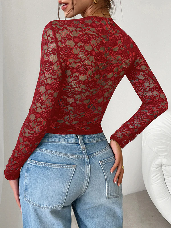 Long Sleeves Skinny Bow-Embellished Flower Print Hollow See-Through Split-Joint Tied Square-Neck Blouses&Shirts Tops - Image 35