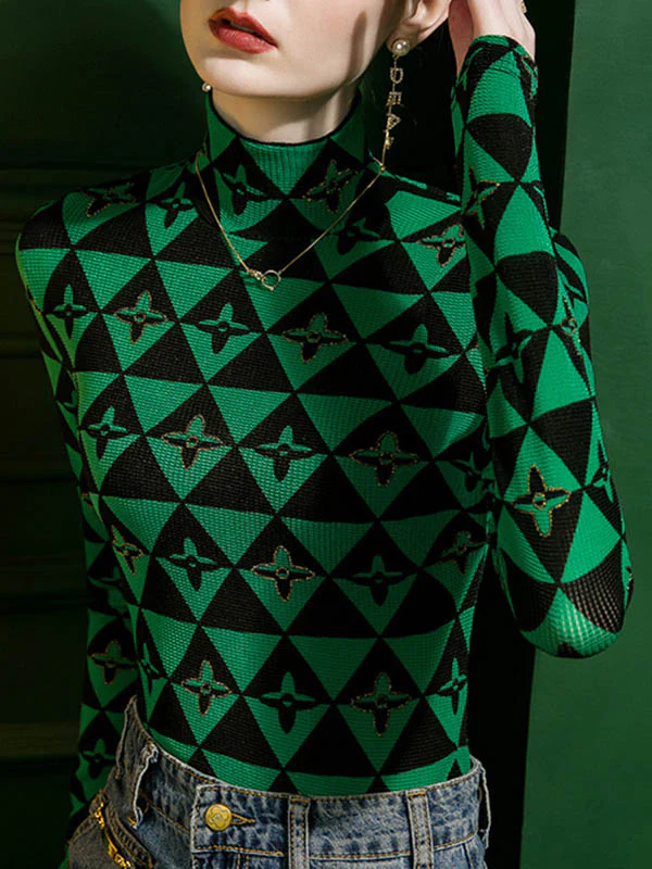 Long Sleeves Skinny Bronzing Contrast Color High Neck T-Shirts Tops - Image 2