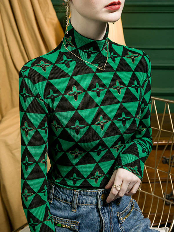 Long Sleeves Skinny Bronzing Contrast Color High Neck T-Shirts Tops - Image 3