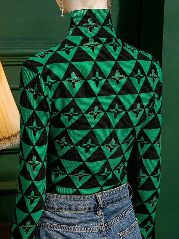 Long Sleeves Skinny Bronzing Contrast Color High Neck T-Shirts Tops - Image 6