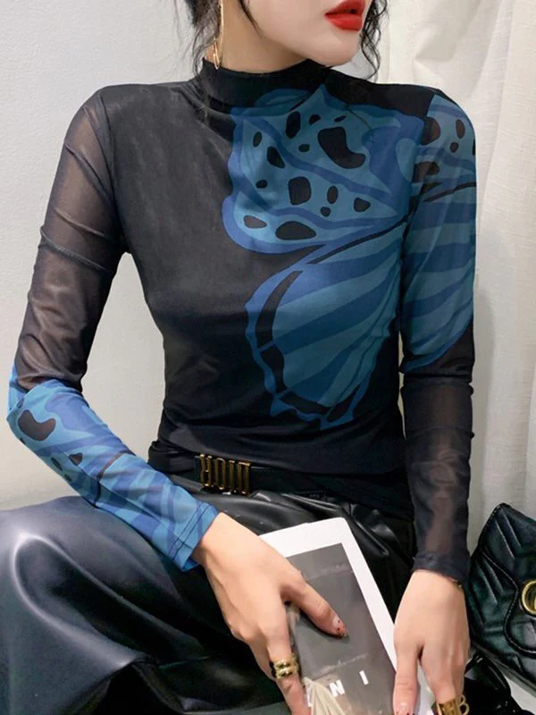 Long Sleeves Skinny Butterfly Print Split-Joint Mock Neck T-Shirts Tops - Image 2