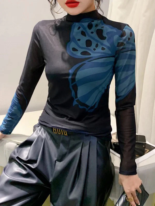 Long Sleeves Skinny Butterfly Print Split-Joint Mock Neck T-Shirts Tops - Image 3