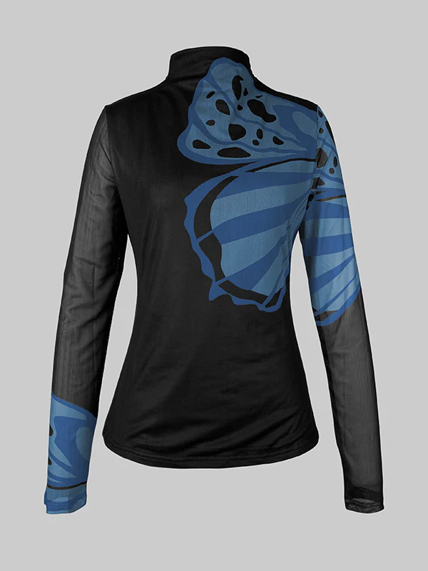 Long Sleeves Skinny Butterfly Print Split-Joint Mock Neck T-Shirts Tops - Image 4