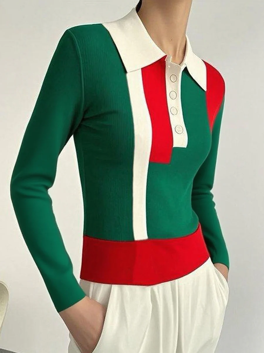 Long Sleeves Skinny Buttoned Contrast Color Lapel Sweater Tops
