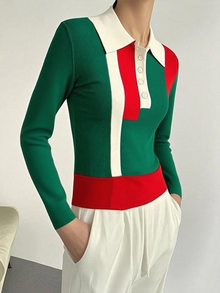 Long Sleeves Skinny Buttoned Contrast Color Lapel Sweater Tops - Image 2