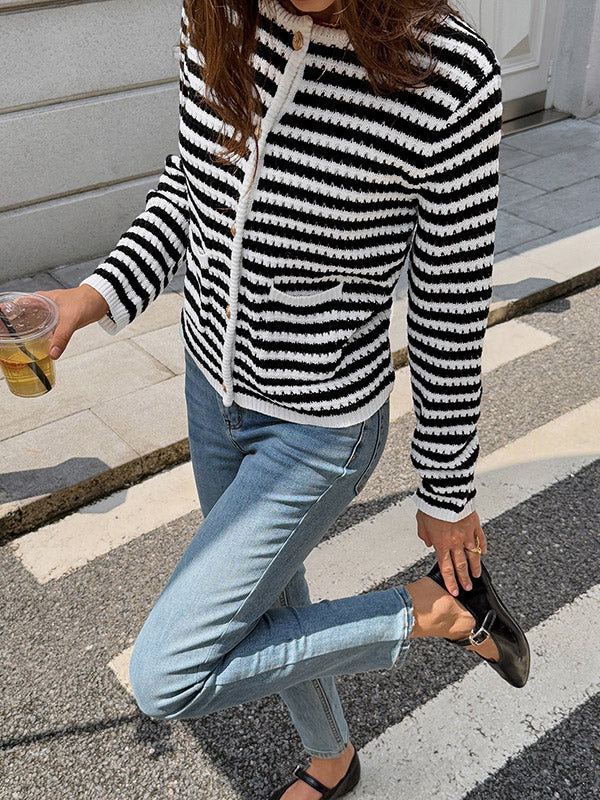 Long Sleeves Skinny Buttoned Contrast Color Pockets Single-Breasted Striped Collarless Cardigan Tops Outerwear - Image 4