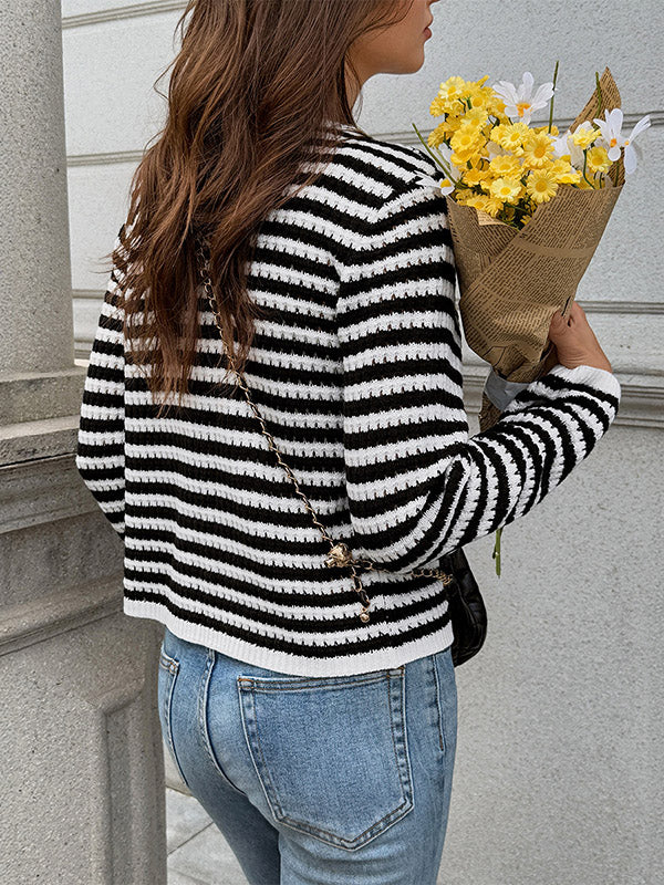 Long Sleeves Skinny Buttoned Contrast Color Pockets Single-Breasted Striped Collarless Cardigan Tops Outerwear - Image 5