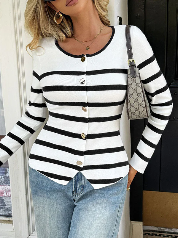 Long Sleeves Skinny Buttoned Contrast Color Split-Joint Striped Round-Neck Cardigan Tops Outerwear - Image 11