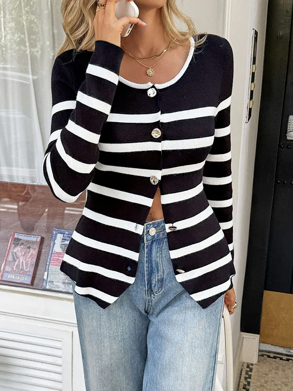 Long Sleeves Skinny Buttoned Contrast Color Split-Joint Striped Round-Neck Cardigan Tops Outerwear - Image 4