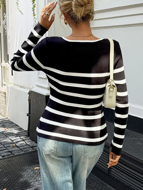 Long Sleeves Skinny Buttoned Contrast Color Split-Joint Striped Round-Neck Cardigan Tops Outerwear - Image 5