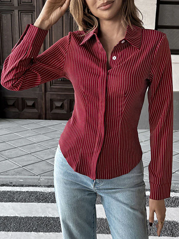 Long Sleeves Skinny Buttoned Contrast Color Striped Lapel Blouses&Shirts Tops - Image 4