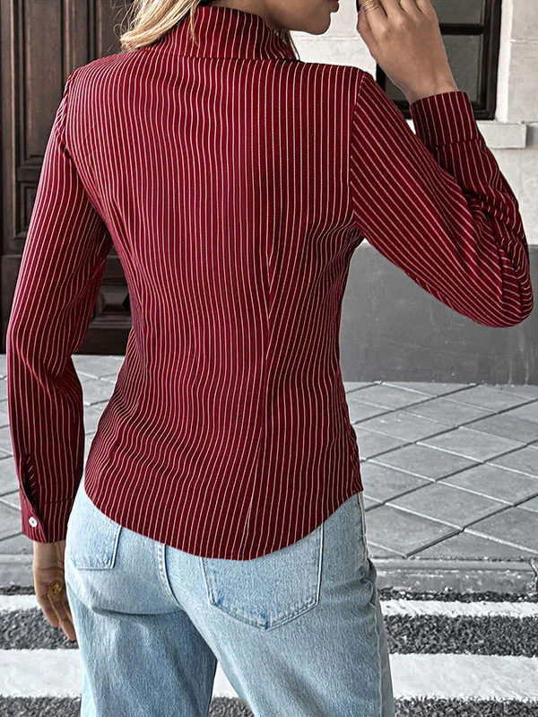 Long Sleeves Skinny Buttoned Contrast Color Striped Lapel Blouses&Shirts Tops - Image 5