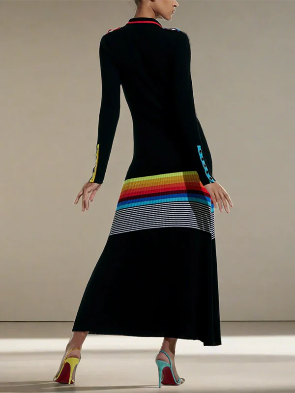 Long Sleeves Skinny Buttoned Contrast Color Striped Lapel Maxi Dresses Shirt Dress - Image 2