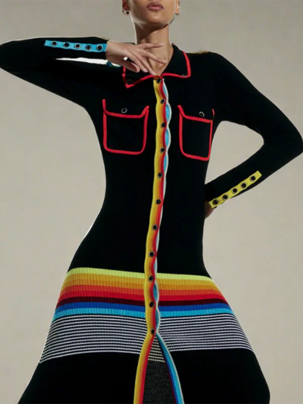 Long Sleeves Skinny Buttoned Contrast Color Striped Lapel Maxi Dresses Shirt Dress - Image 3
