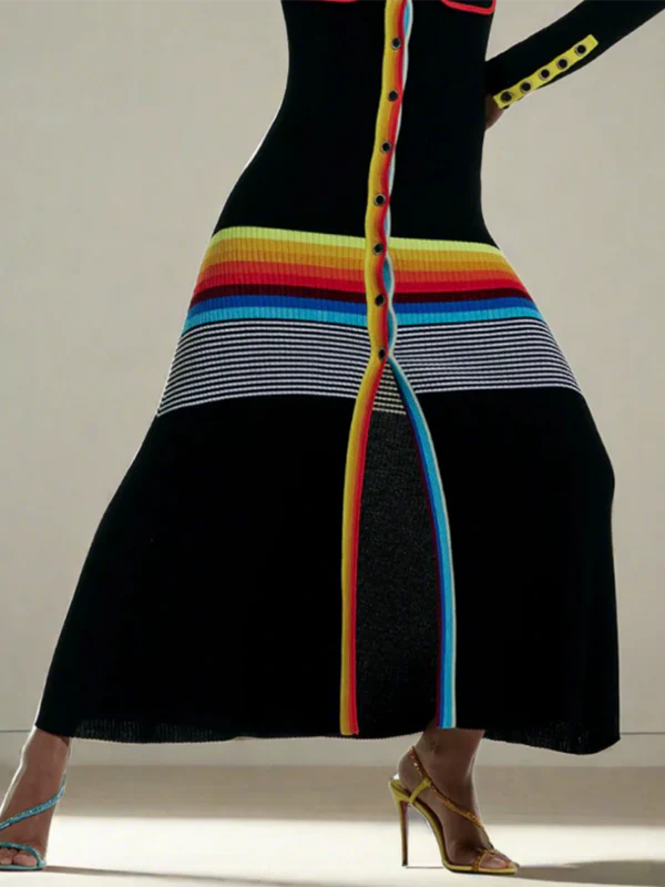 Long Sleeves Skinny Buttoned Contrast Color Striped Lapel Maxi Dresses Shirt Dress - Image 4
