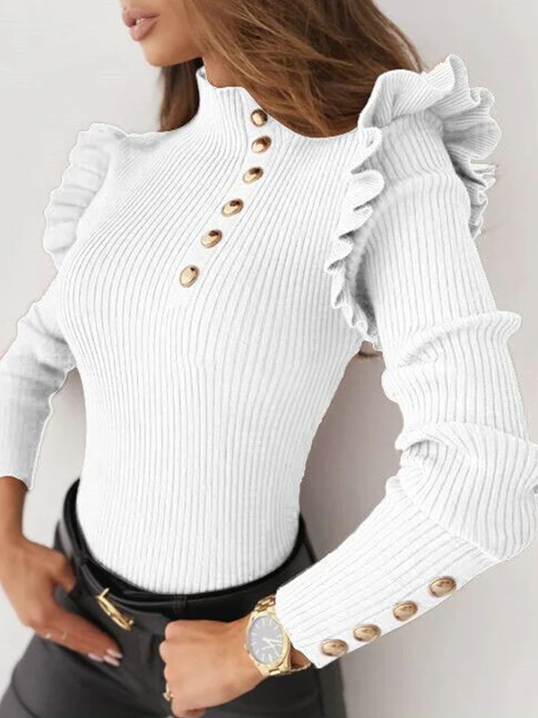 Long Sleeves Skinny Buttoned Falbala Split-Joint High-Neck Pullovers Sweater Tops - Image 2