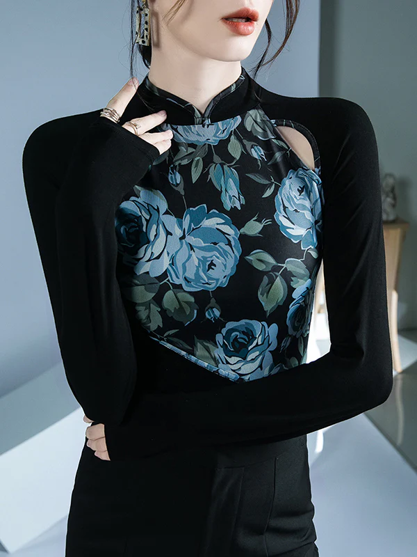 Long Sleeves Skinny Buttoned Flower Print Hollow Split-Joint Round-Neck T-Shirts Tops - Image 2