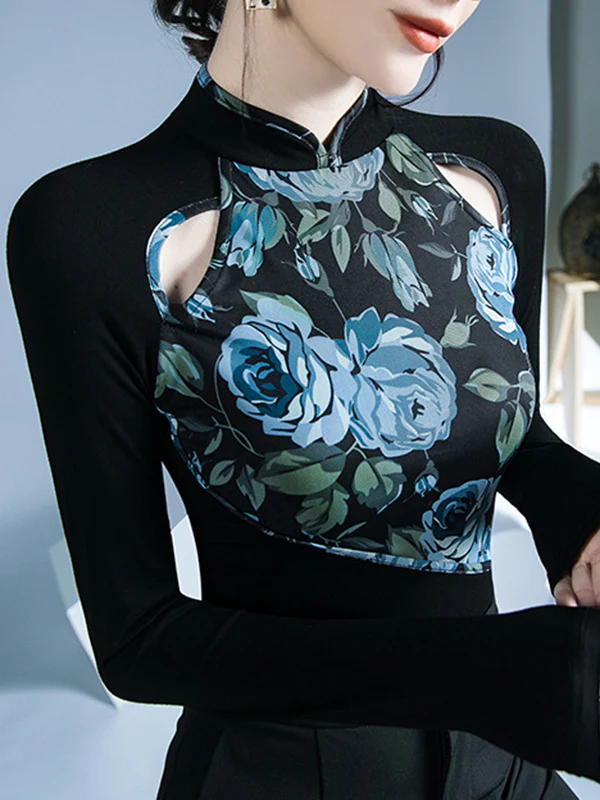 Long Sleeves Skinny Buttoned Flower Print Hollow Split-Joint Round-Neck T-Shirts Tops - Image 4