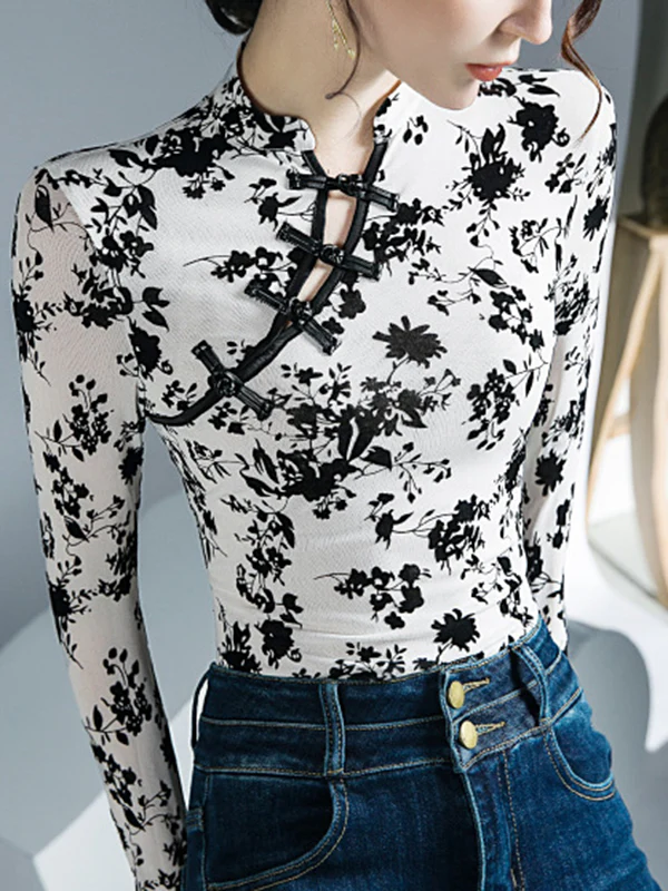 Long Sleeves Skinny Buttoned Flower Print Mesh Mock Neck T-Shirts Tops - Image 3