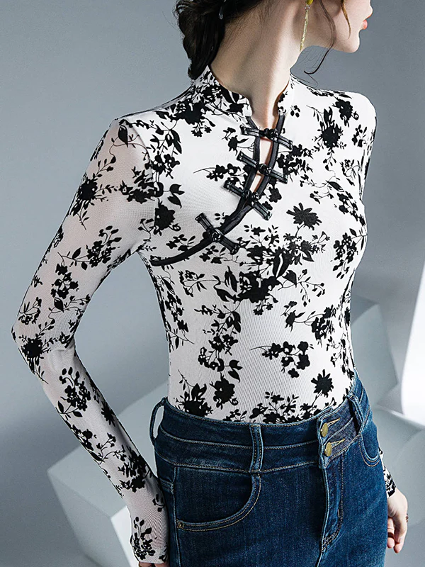 Long Sleeves Skinny Buttoned Flower Print Mesh Mock Neck T-Shirts Tops - Image 4