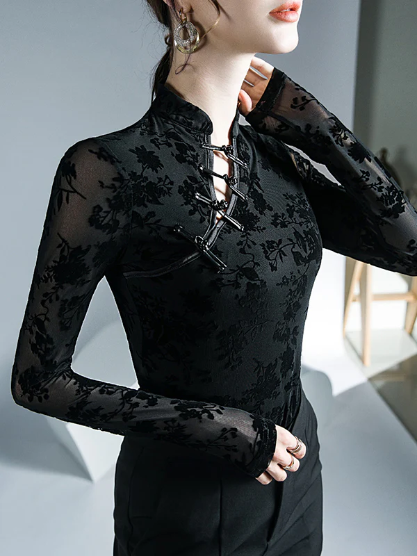 Long Sleeves Skinny Buttoned Flower Print Mesh Mock Neck T-Shirts Tops - Image 7