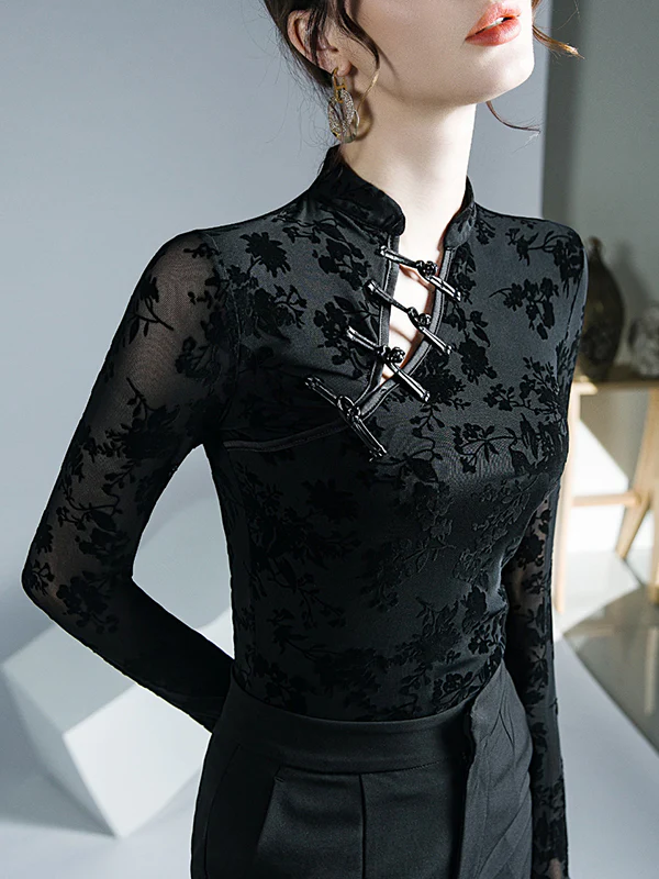 Long Sleeves Skinny Buttoned Flower Print Mesh Mock Neck T-Shirts Tops - Image 8