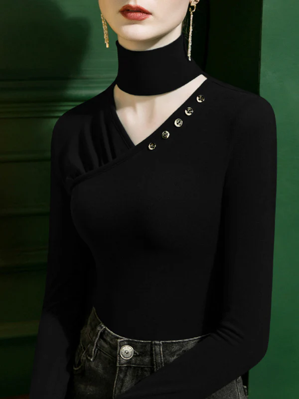 Long Sleeves Skinny Buttoned Hollow Pleated Split-Joint High Neck T-Shirts Tops - Image 3