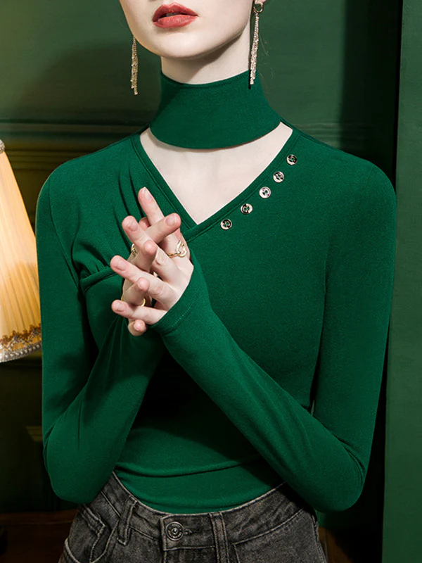 Long Sleeves Skinny Buttoned Hollow Pleated Split-Joint High Neck T-Shirts Tops - Image 4