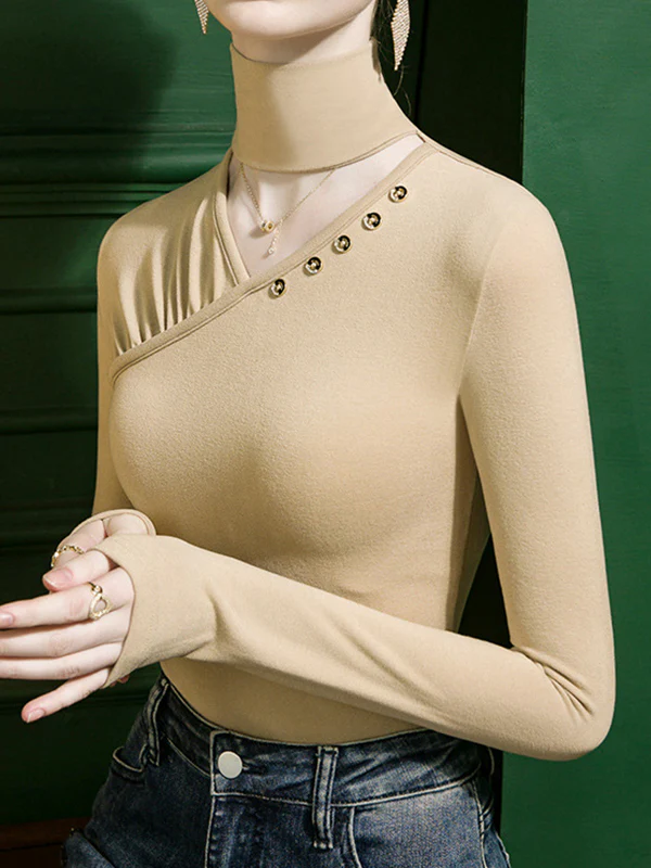 Long Sleeves Skinny Buttoned Hollow Pleated Split-Joint High Neck T-Shirts Tops - Image 6