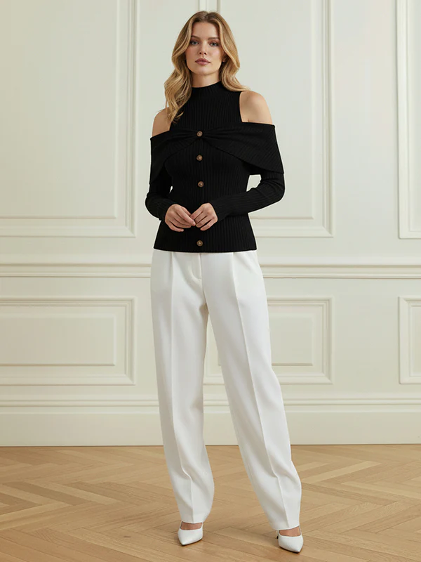 Long Sleeves Skinny Buttoned Pleated Ribbed Knit Cold Shoulder Knit Top - Image 10