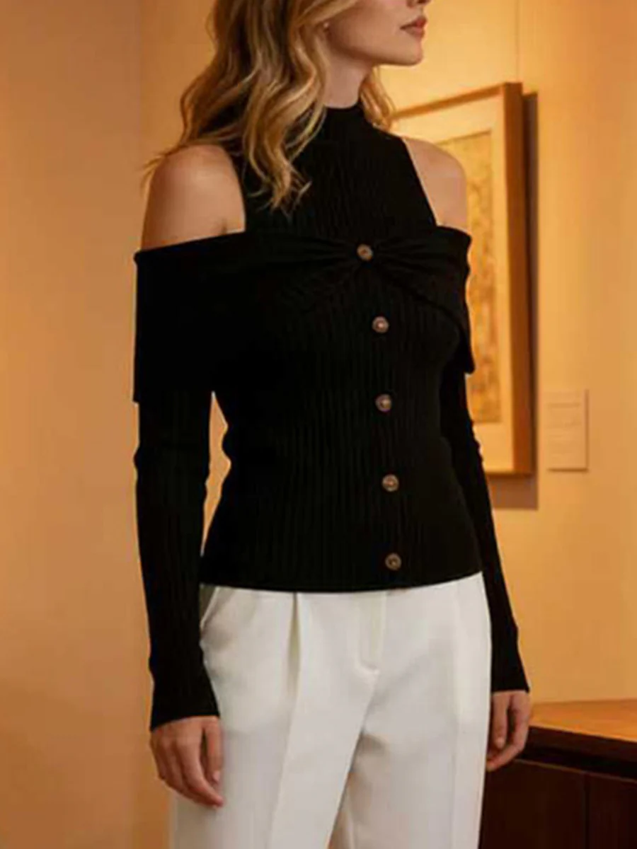 Long Sleeves Skinny Buttoned Pleated Ribbed Knit Cold Shoulder Knit Top - Image 13