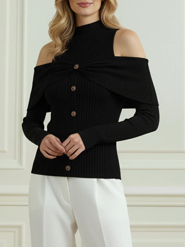 Long Sleeves Skinny Buttoned Pleated Ribbed Knit Cold Shoulder Knit Top - Image 2